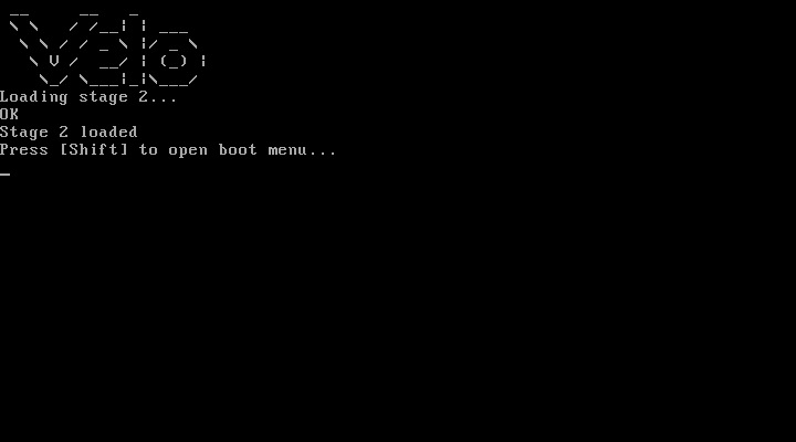 VeloOS boot menu with normal, safe mode, and graphical desktop options