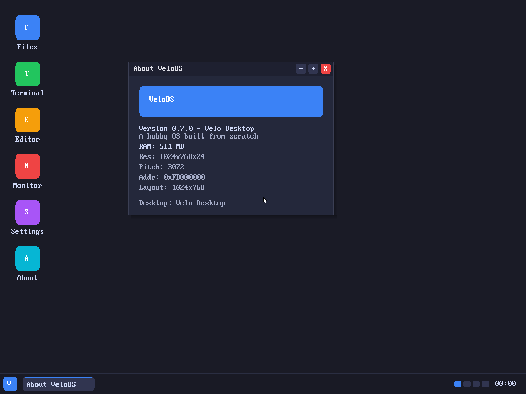 VeloOS desktop with its window manager and built-in applications